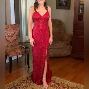 Sherri Hill Red Sequin Prom Gown V-neck